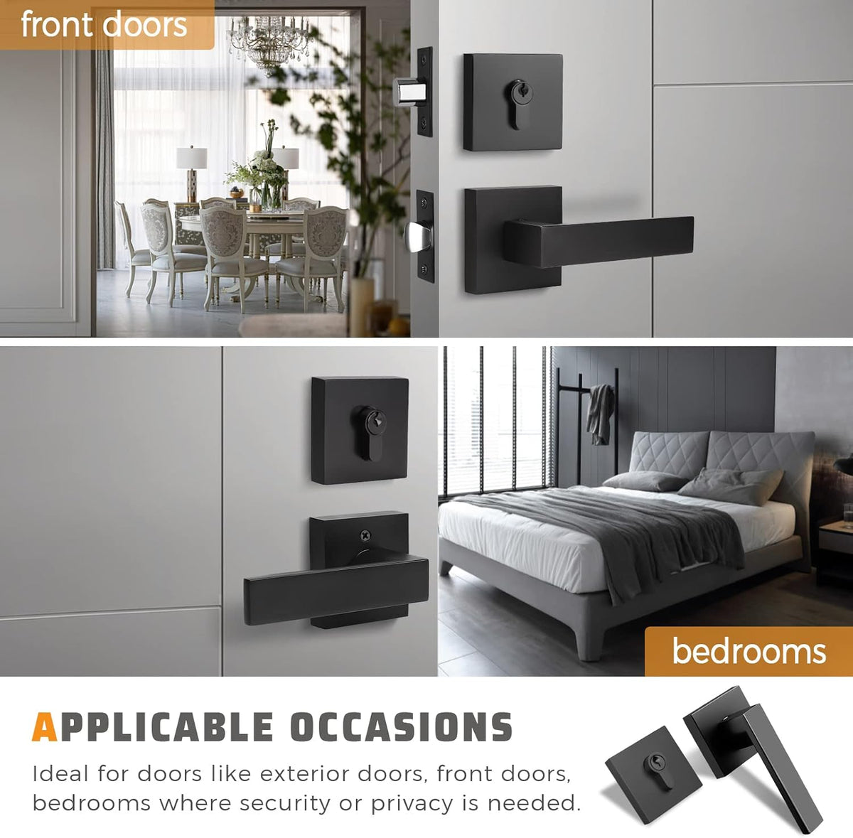 6 Pack Square Matte Black Door Handle Set with Double Keyed Deadbolt K73287