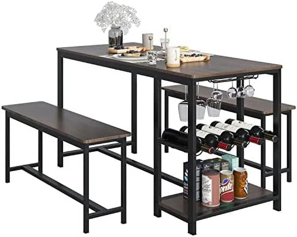3-Piece Rustic Wood Dining Table Set with Benches A70649