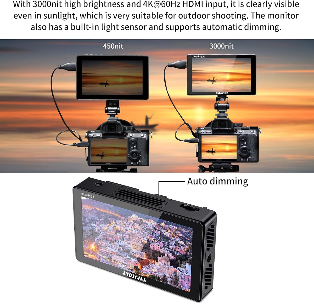 5.5 Inch 3000nit Touch Screen On-Camera Field Monitor with F970 External Power 4K HDMI Input Output G385