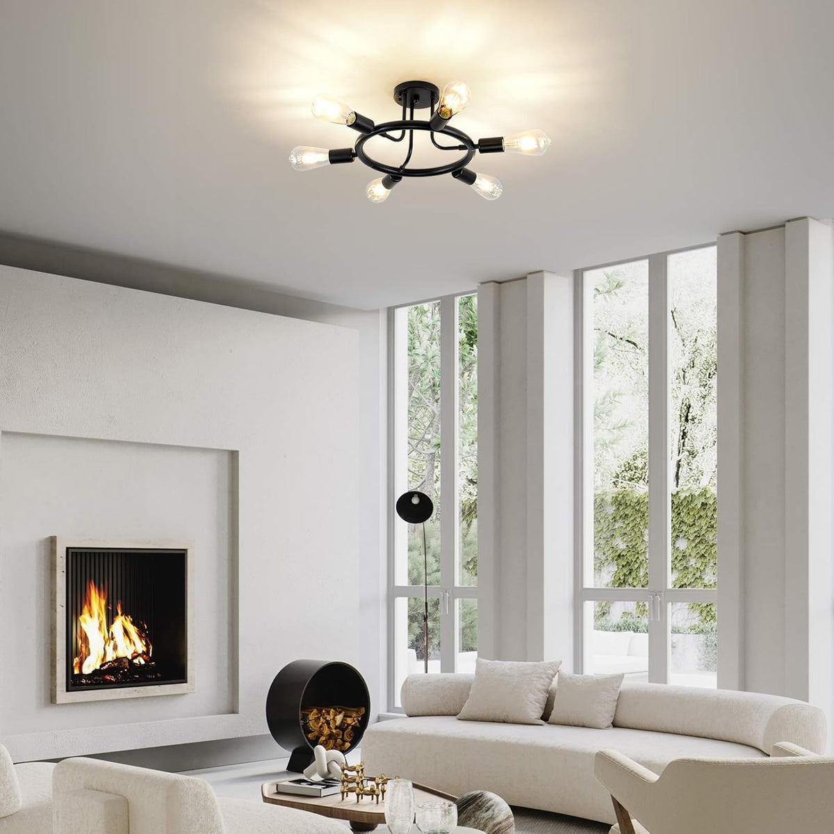 Black 6 Lights LED Semi Flush Mount Ceiling Light T793997