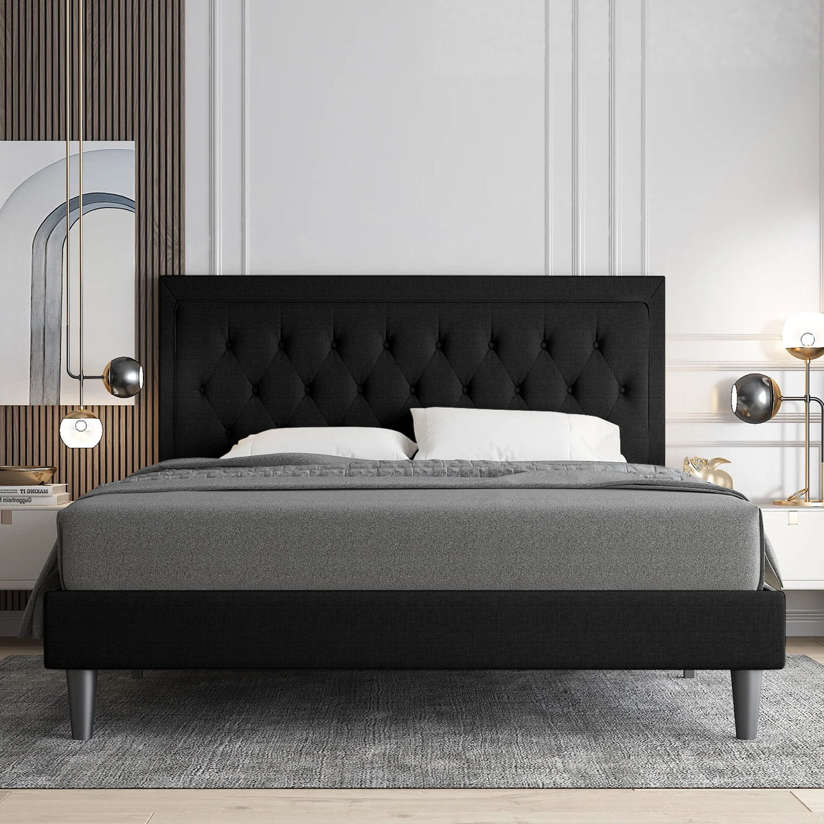 Queen Size Upholstered Platform Bed with Adjustable Headboard Z216439