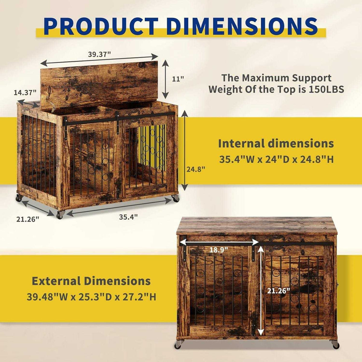39'' Movable Dog Crate with Wheels T8536