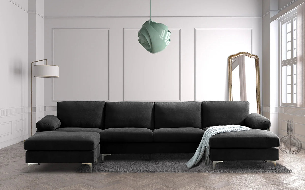 Black Polyester L-Shaped Sectional Sofa with Ottoman O2085