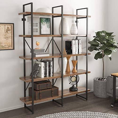 Double Wide 5-Tier Open Bookcase Wood and Metal Shelves E82338