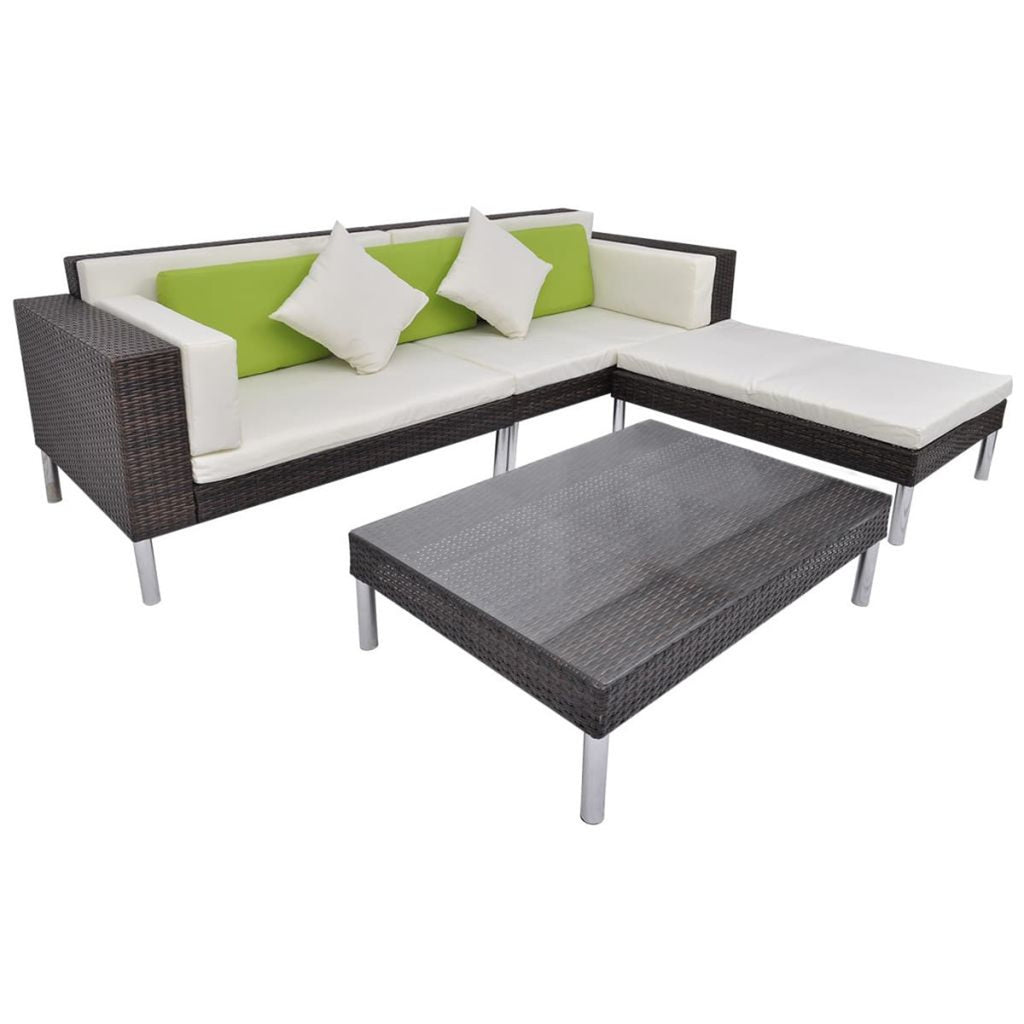 4 Piece Outdoor Conversation Set Cushioned Corner Sofa with Ottoman and Coffee Table Sectional Sofa Set Brown Poly Rattan L9792