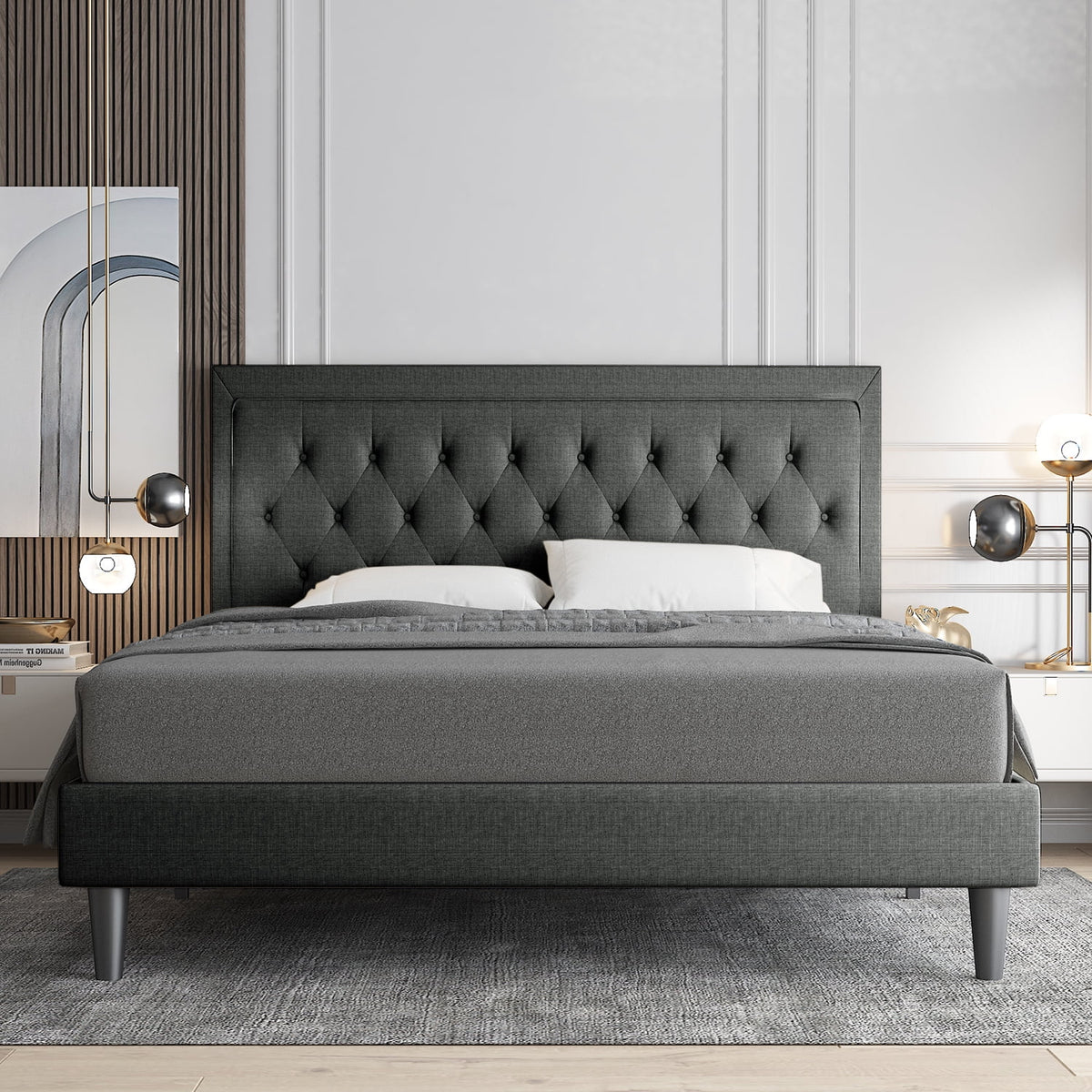 Queen Size Upholstered Platform Bed with Adjustable Headboard Z216439