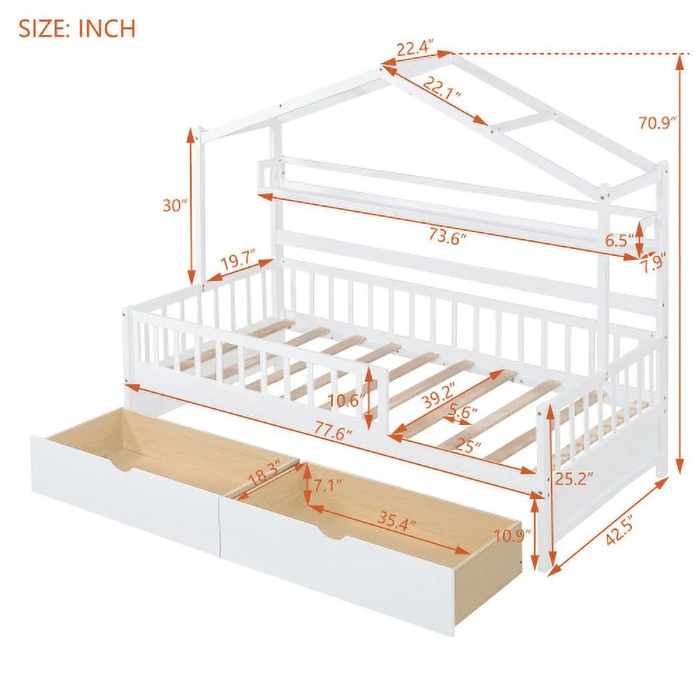 White Twin Size Wooden House Bed with 2 Drawers N15513