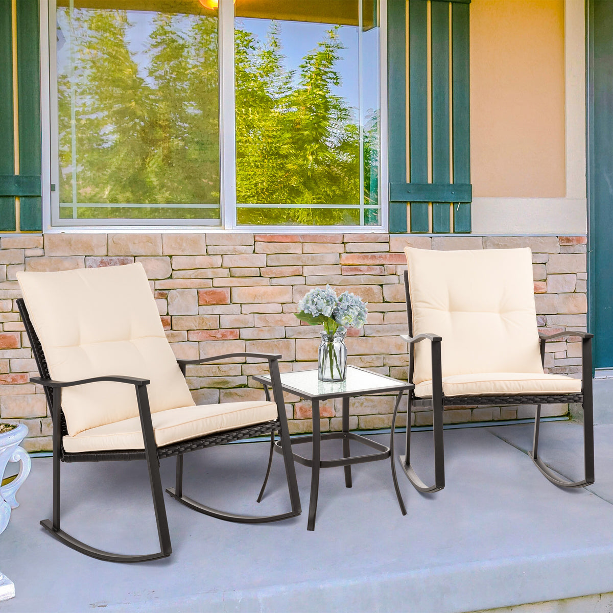 3 Piece Beige Outdoor Rocking Chair Set C80886