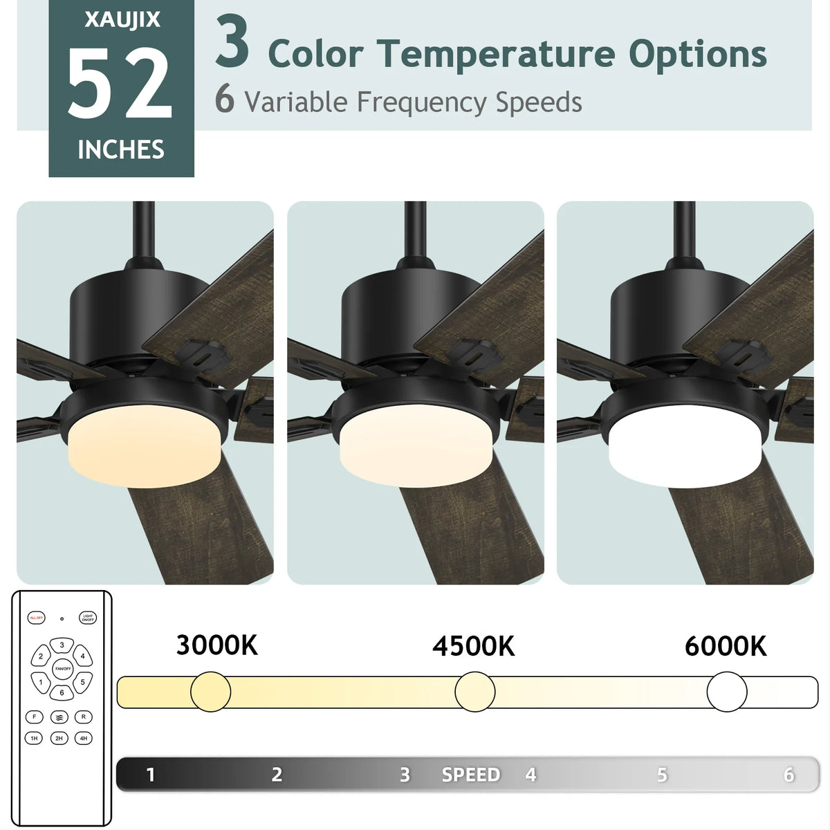 Ceiling Fan with Light and Remote Control, 52 '' 6-Speed Reversible 5 Wood Blades N97152