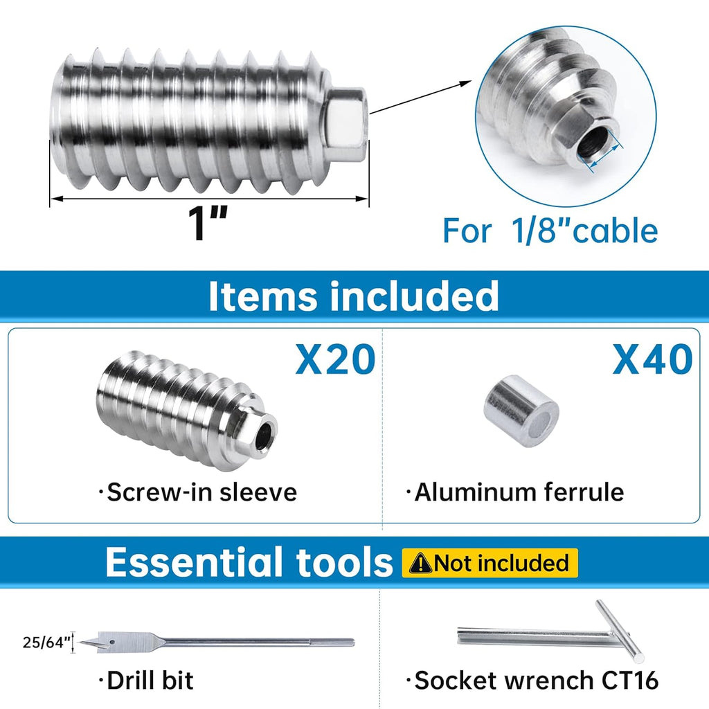 20Pack 1/8" Invisible Cable Railing Kit T316 Stainless Steel for Wood Posts Deck Stairs C164