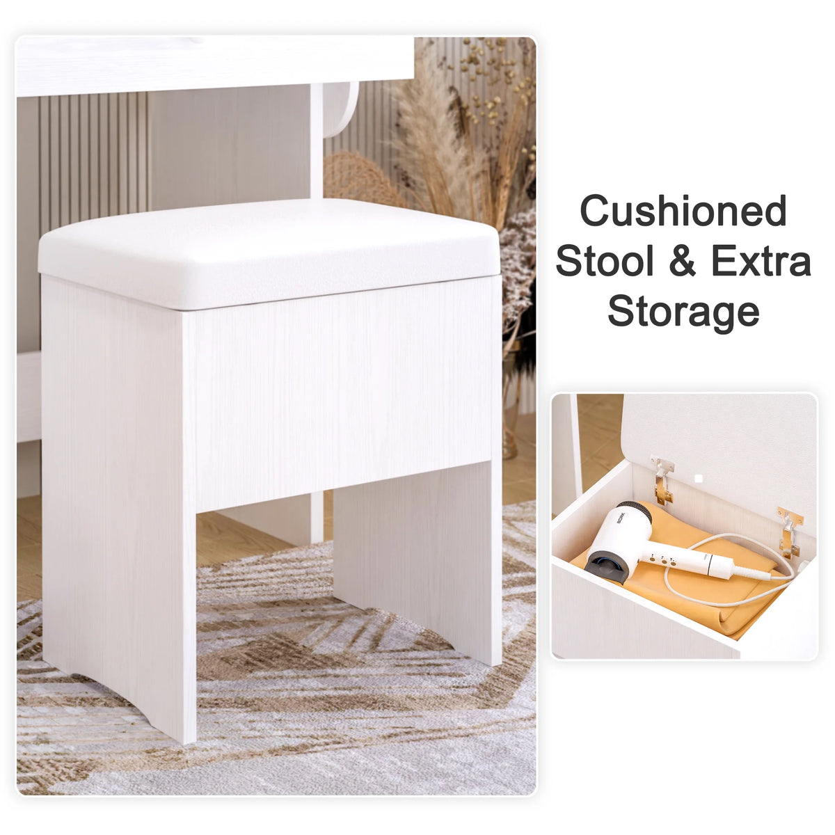 White Vanity Desk with Lighted Mirror and Storage Stool T93723