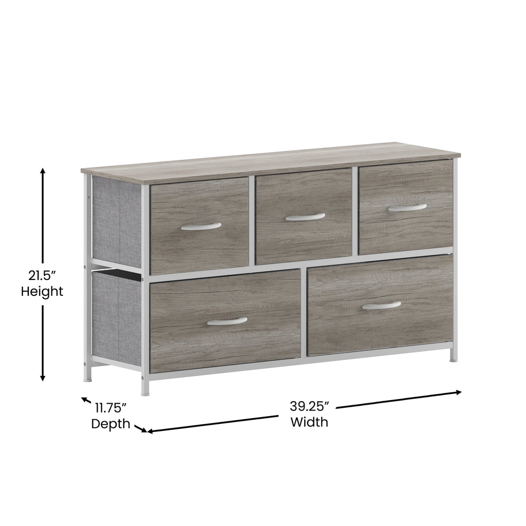 5 Drawer Storage Dresser with White Cast Iron Frame and Light Natural Wood Top E838959