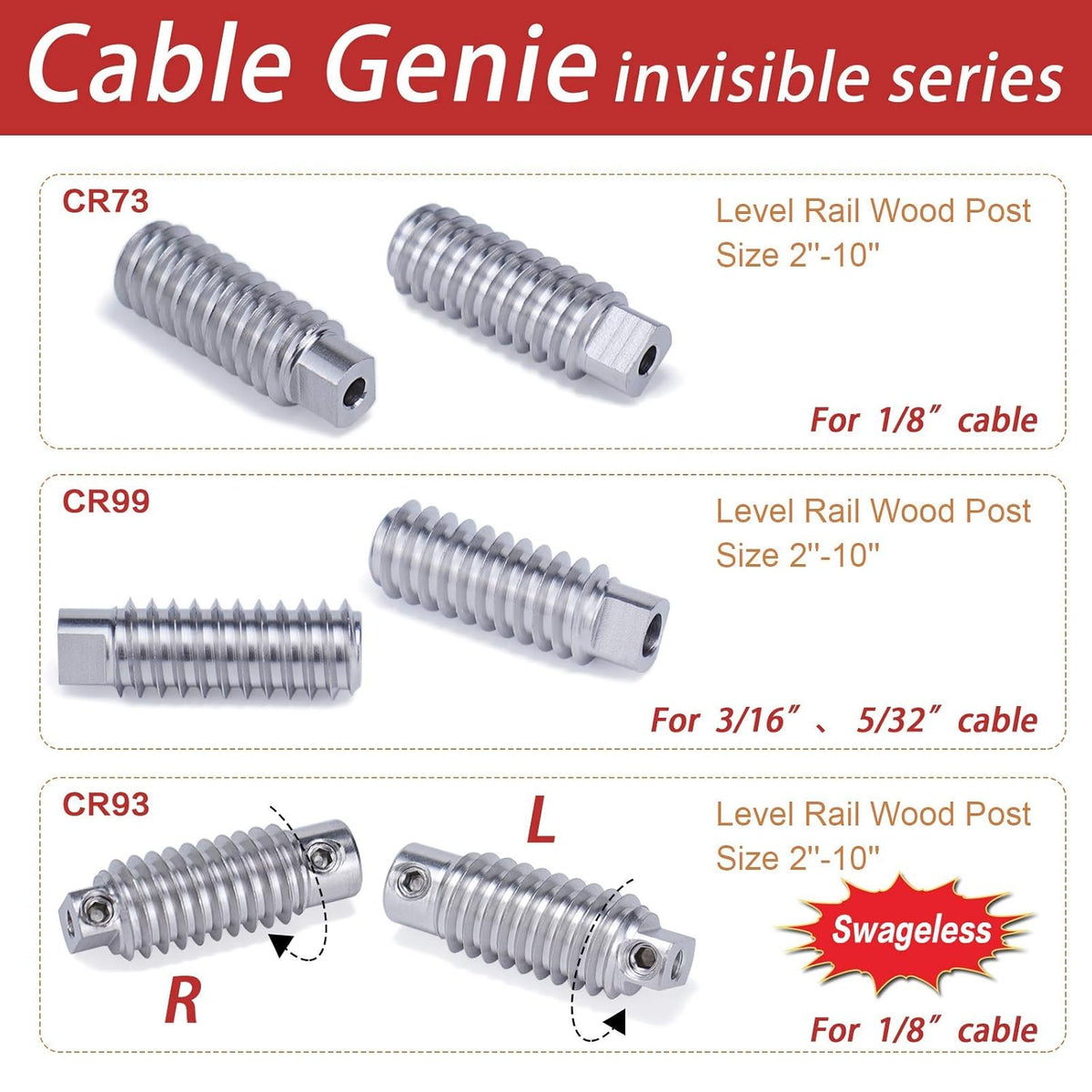 20Pack 1/8" Invisible Cable Railing Kit T316 Stainless Steel for Wood Posts Deck Stairs C164