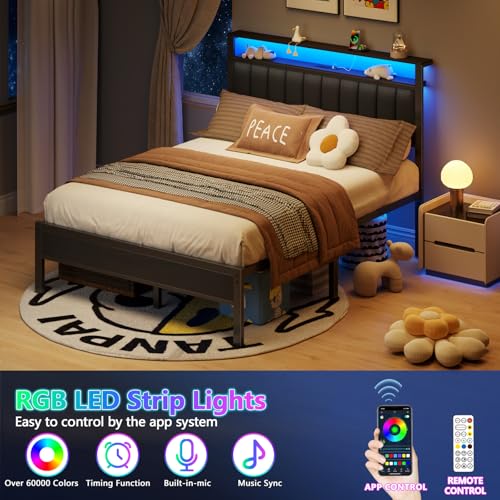 Full Size Bed Frame with Charging Station and LED Lights L186603