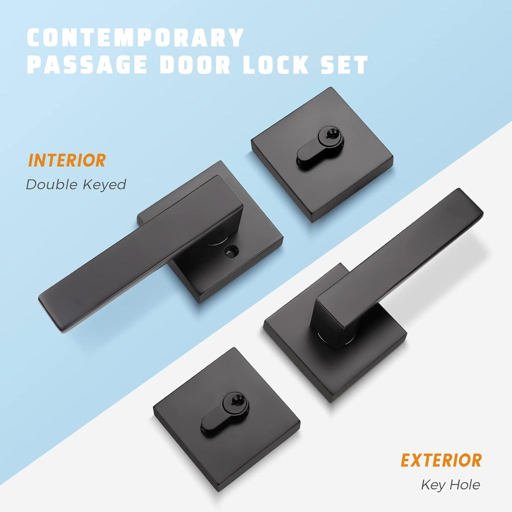 6 Pack Square Matte Black Door Handle Set with Double Keyed Deadbolt K73287
