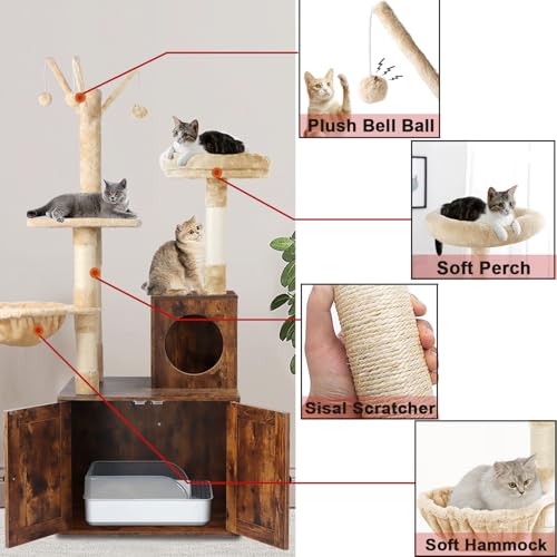 2-in-1 Wooden Cat Tree Tower with Litter Box Enclosure H70553