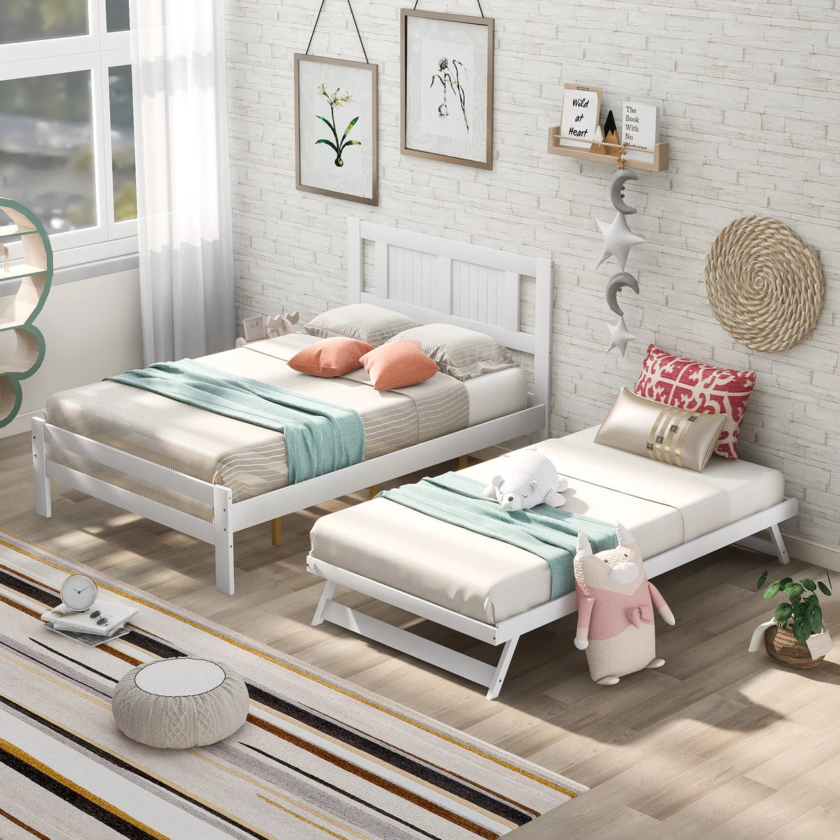 Platform Bed with Adjustable Trundle, Solid Wood, Headboard K652