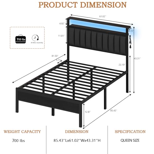 Full Size Bed Frame with Charging Station and LED Lights L186603