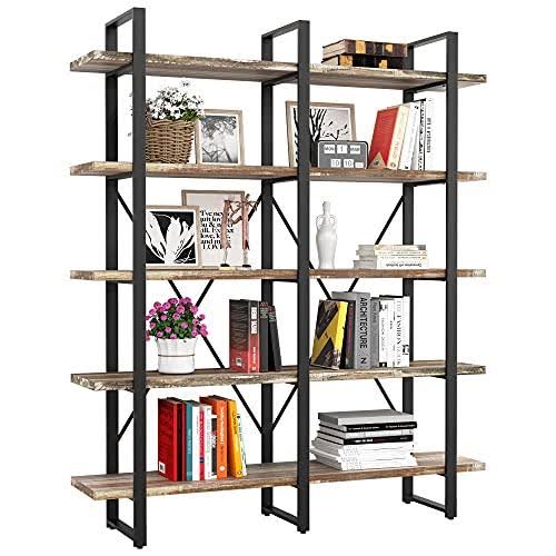 Double Wide 5-Tier Open Bookcase Wood and Metal Shelves E82338