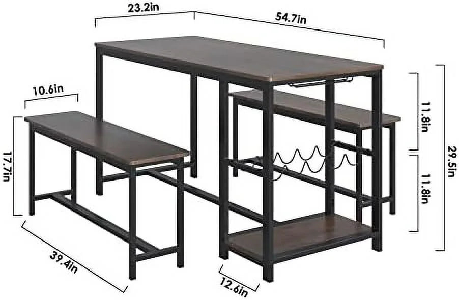 3-Piece Rustic Wood Dining Table Set with Benches A70649
