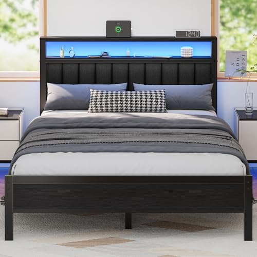 Full Size Bed Frame with Charging Station and LED Lights L186603