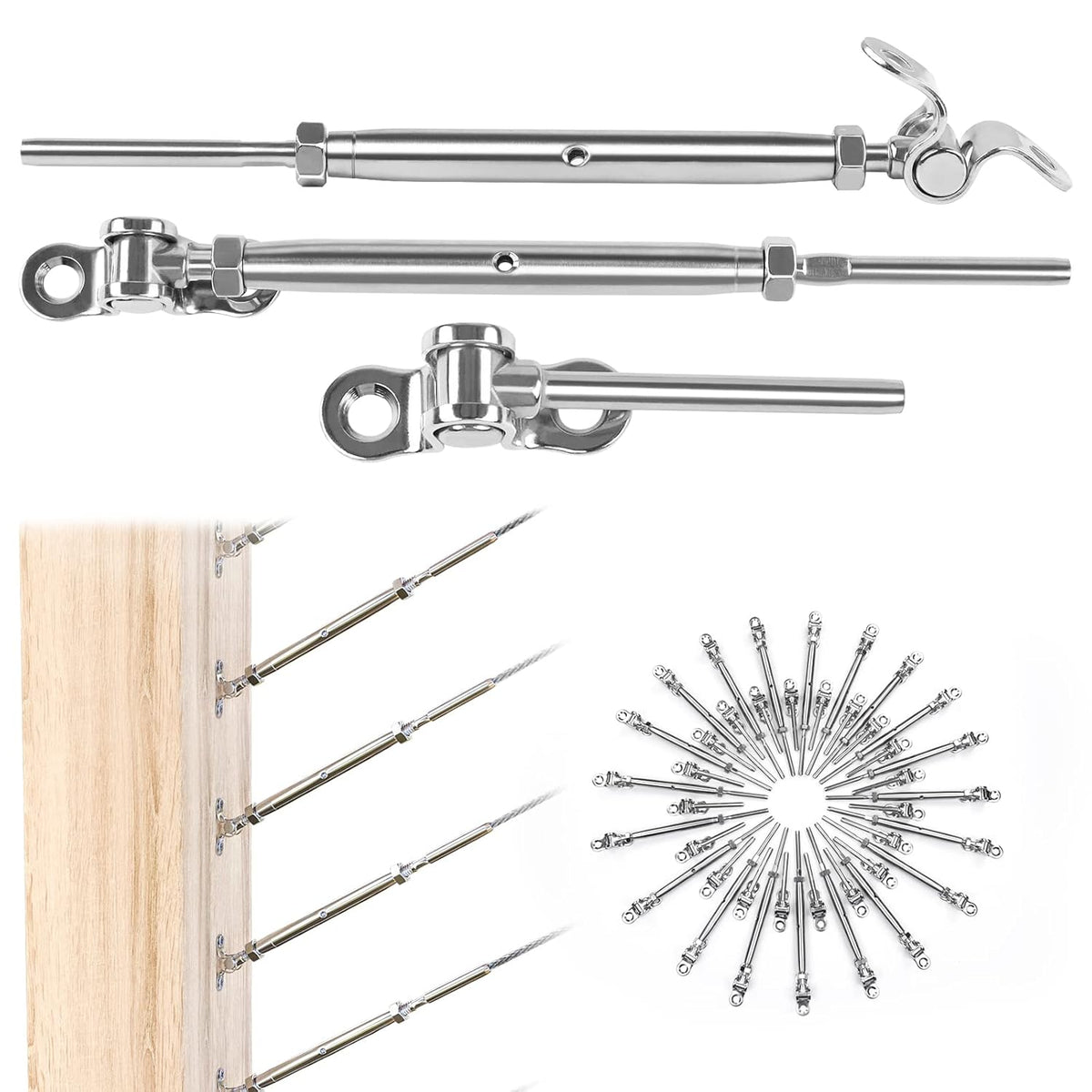 20 Set Cable Railing Kit 1/8 Swage Toggle Turnbuckle Hardware T316 Stainless Steel Angle 180° Adjustable J1271