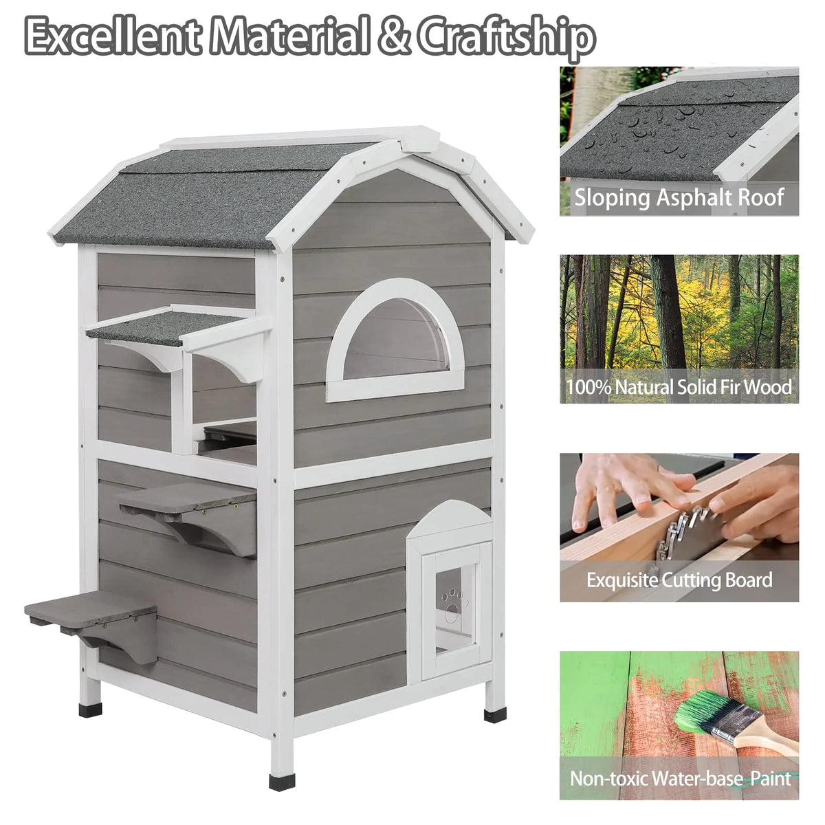 Weatherproof Two Story Wooden Outdoor Cat House I9232