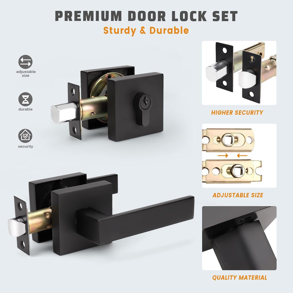6 Pack Square Matte Black Door Handle Set with Double Keyed Deadbolt K73287