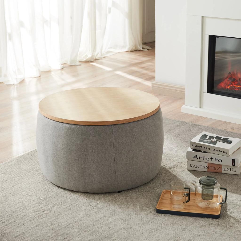 Grey Round Storage Ottoman with Wood Tray V3448