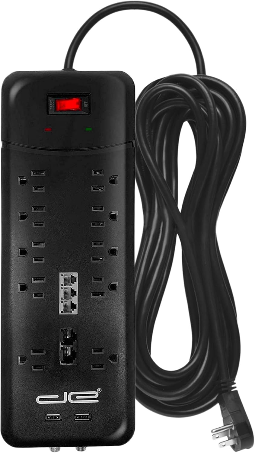 Black 10-Outlet Surge Protector Power Strip, 25 Foot Extension Cord, Pack of 2 A583165