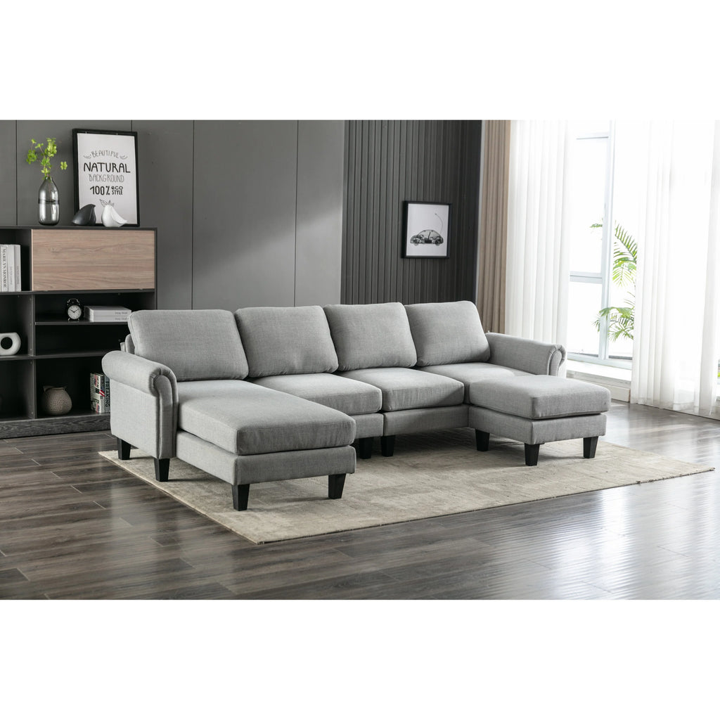 Charcoal Grey Linen U-shape Sofa Set with Reversible Ottomans T375957