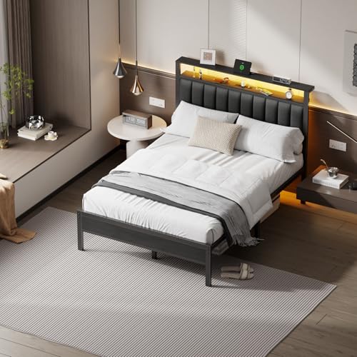 Full Size Bed Frame with Charging Station and LED Lights L186603
