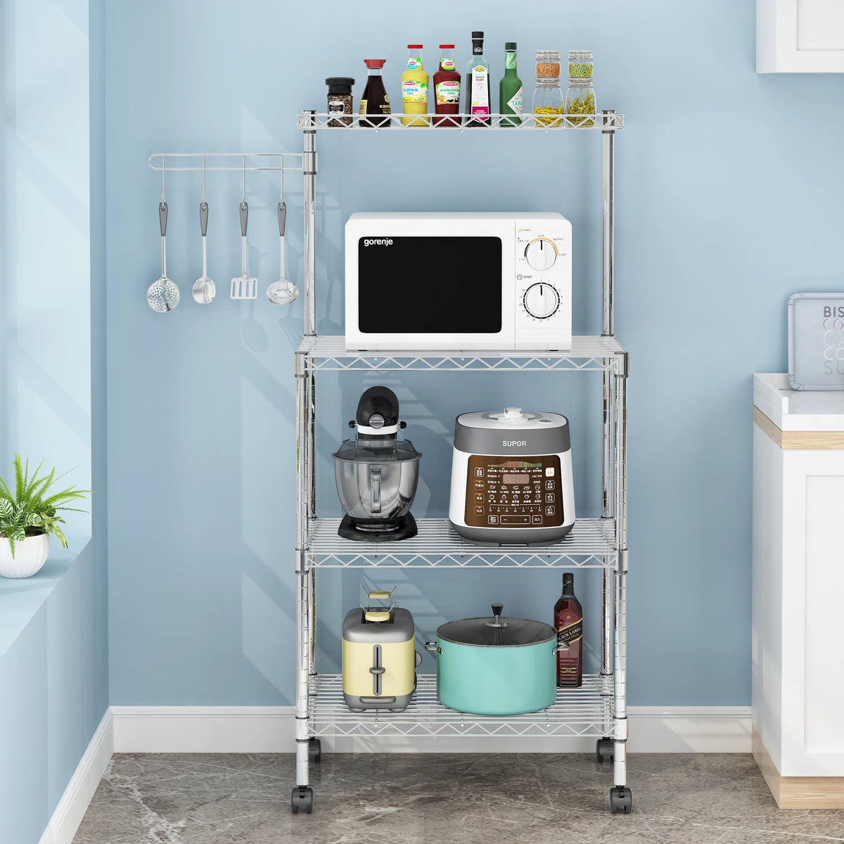 4-Tier Chrome Kitchen Storage Rack with Hanging Hooks Y778