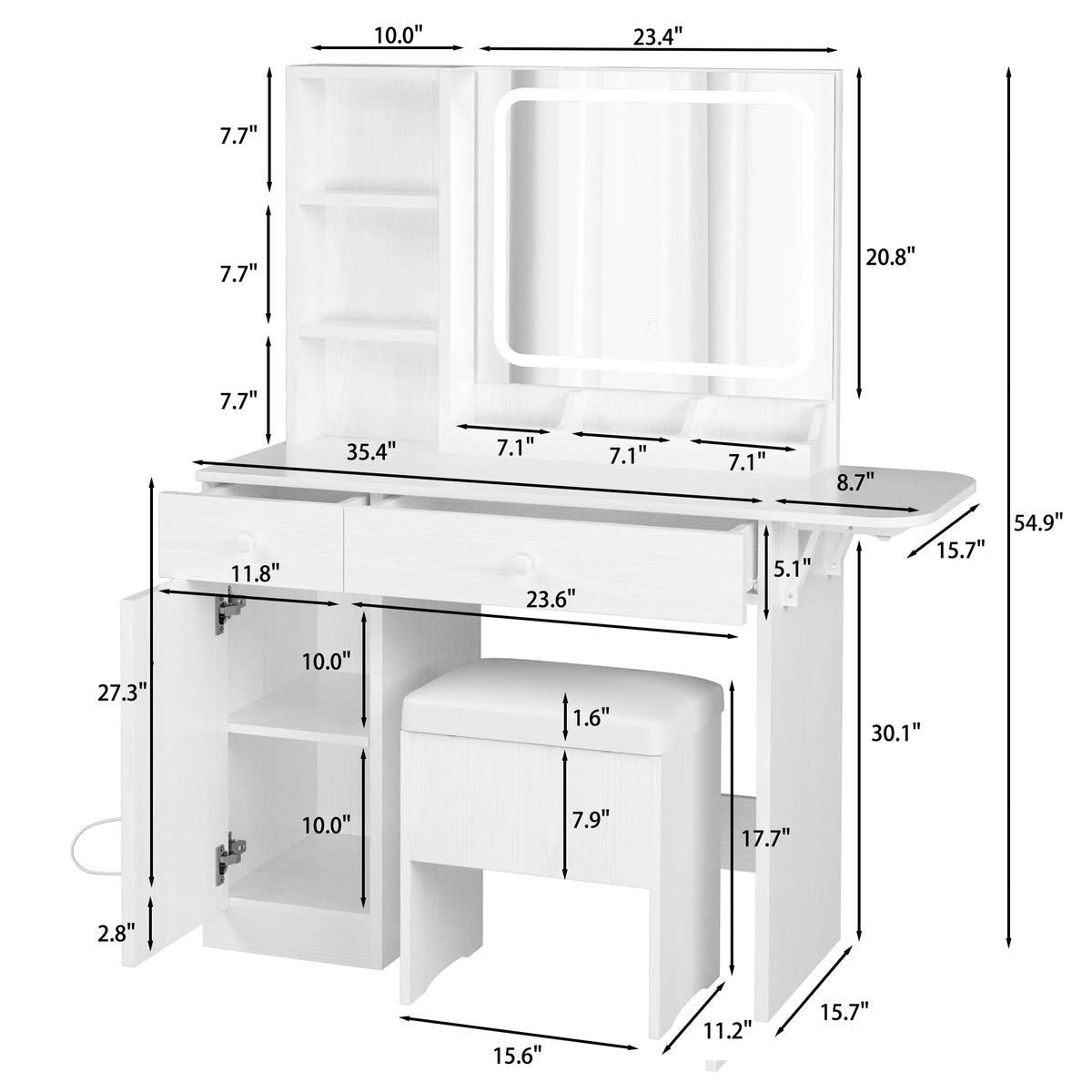 White Vanity Desk with Lighted Mirror and Storage Stool T93723