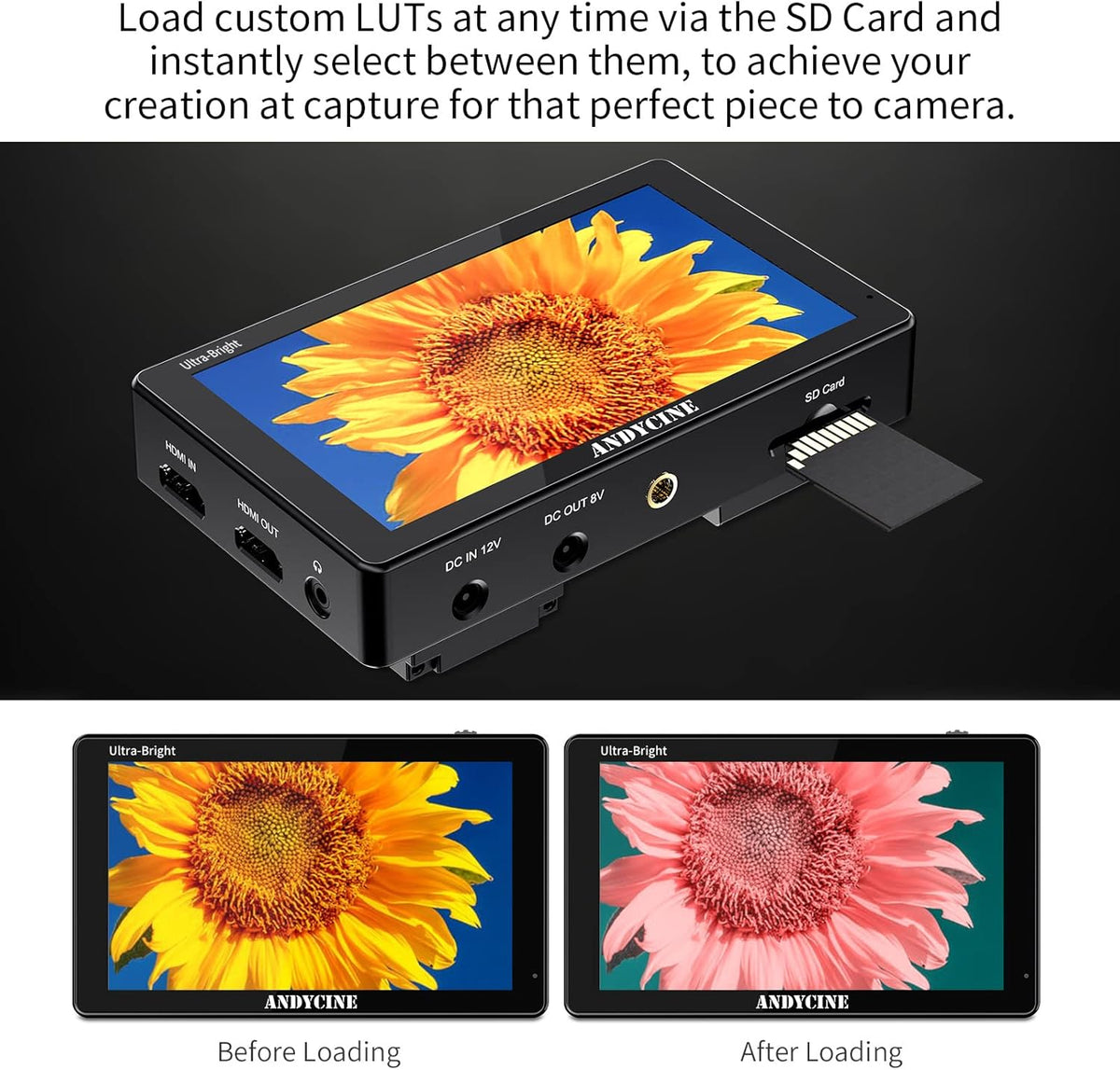 5.5 Inch 3000nit Touch Screen On-Camera Field Monitor with F970 External Power 4K HDMI Input Output G385
