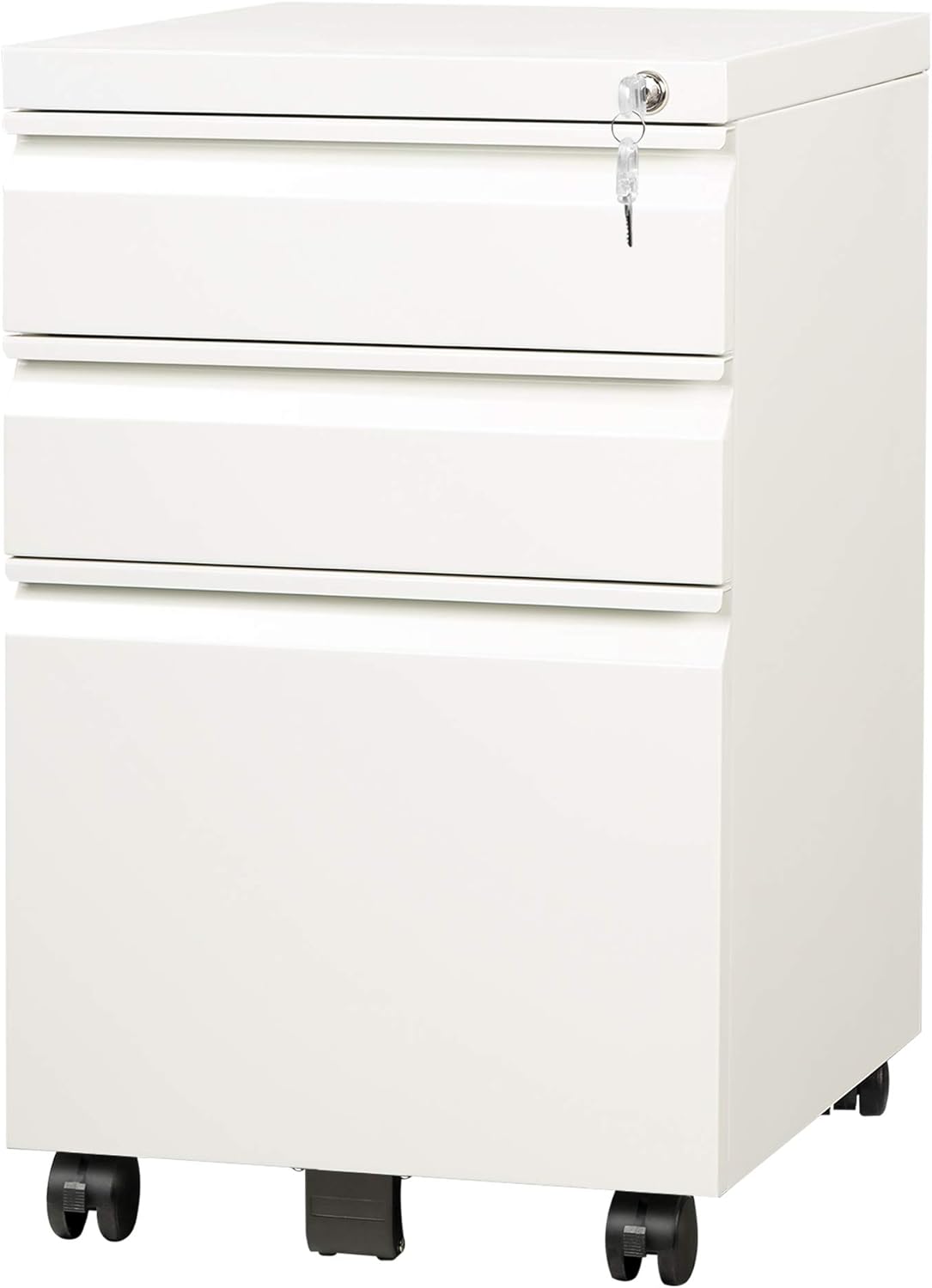White 3 Drawer Mobile File Cabinet with Lock S9046