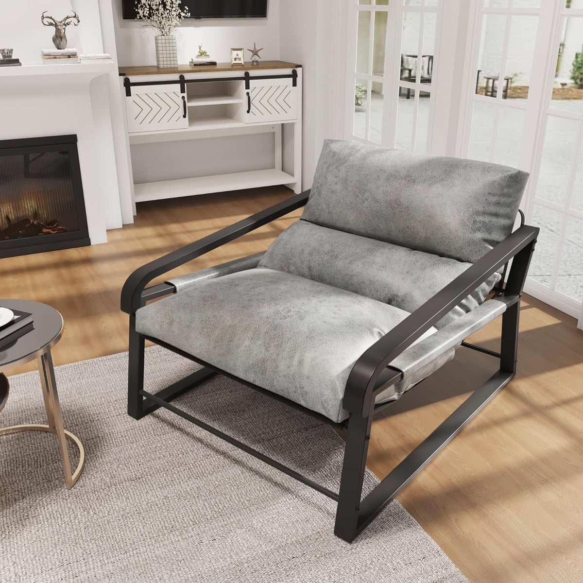 Oversized Upholstered Accent Chair with Wood Armrest, Grey B1922