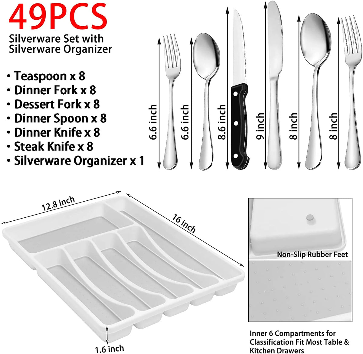 49-Piece Stainless Steel Silverware Set with Organizer A854741