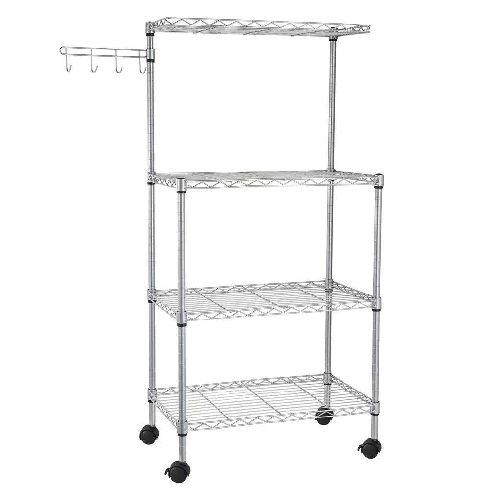 4-Tier Chrome Kitchen Storage Rack with Hanging Hooks Y778