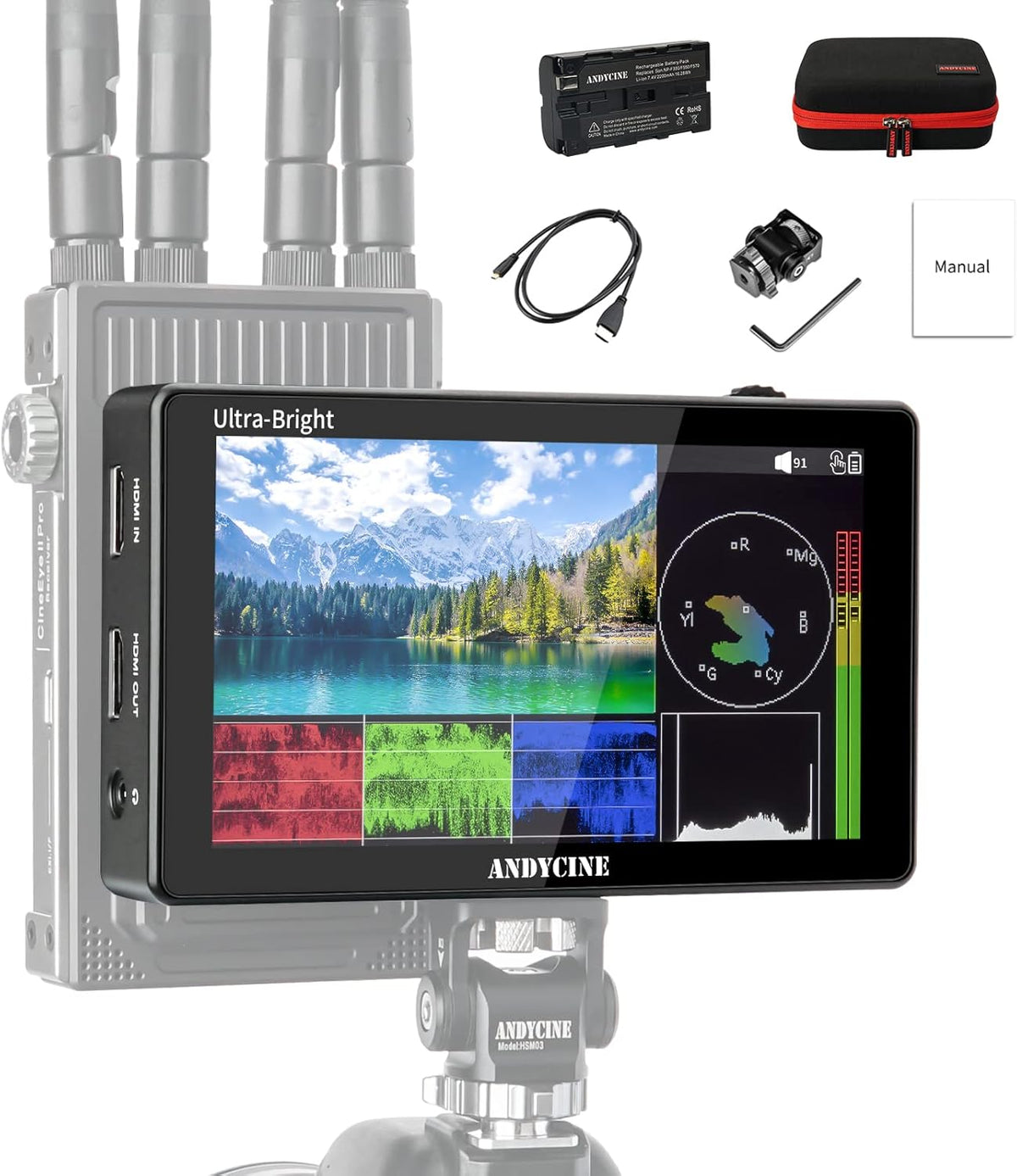 5.5 Inch 3000nit Touch Screen On-Camera Field Monitor with F970 External Power 4K HDMI Input Output G385