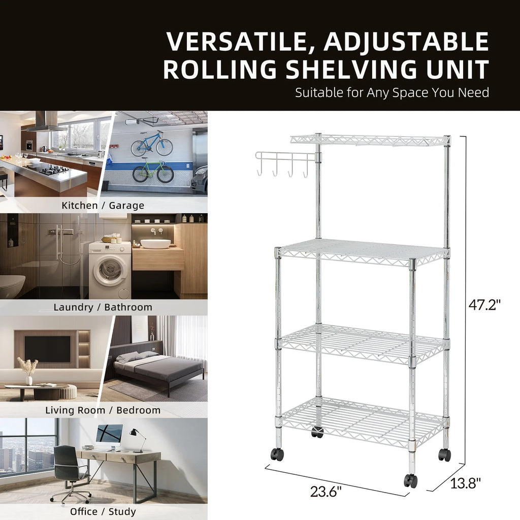 4-Tier Chrome Kitchen Storage Rack with Hanging Hooks Y778