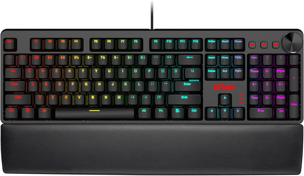 RedThunder K55 Mechanical Gaming Keyboard, Quiet Red Switch, Chroma RGB Lighting, Soft Leather Wrist-Rest, Standard Full Size Wired Keyboard with Dedicated Media Keys & Dial for PC M584