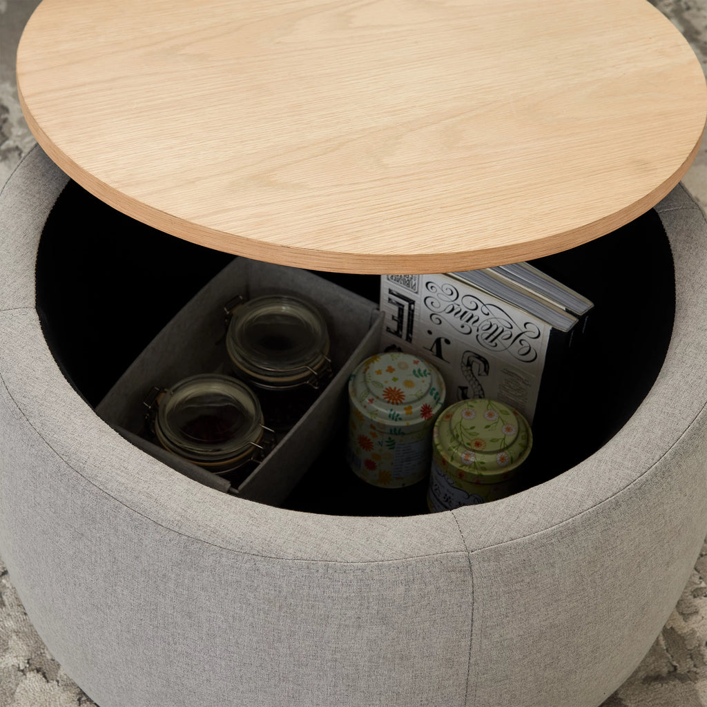 Grey Round Storage Ottoman with Wood Tray V3448