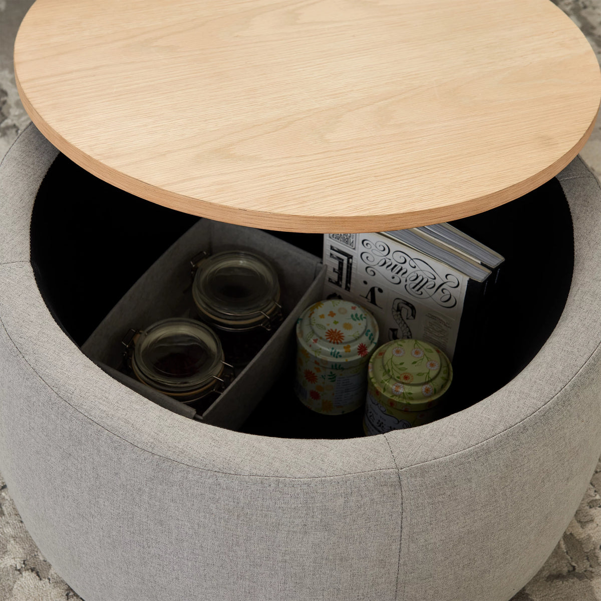 Grey Round Storage Ottoman with Wood Tray V3448