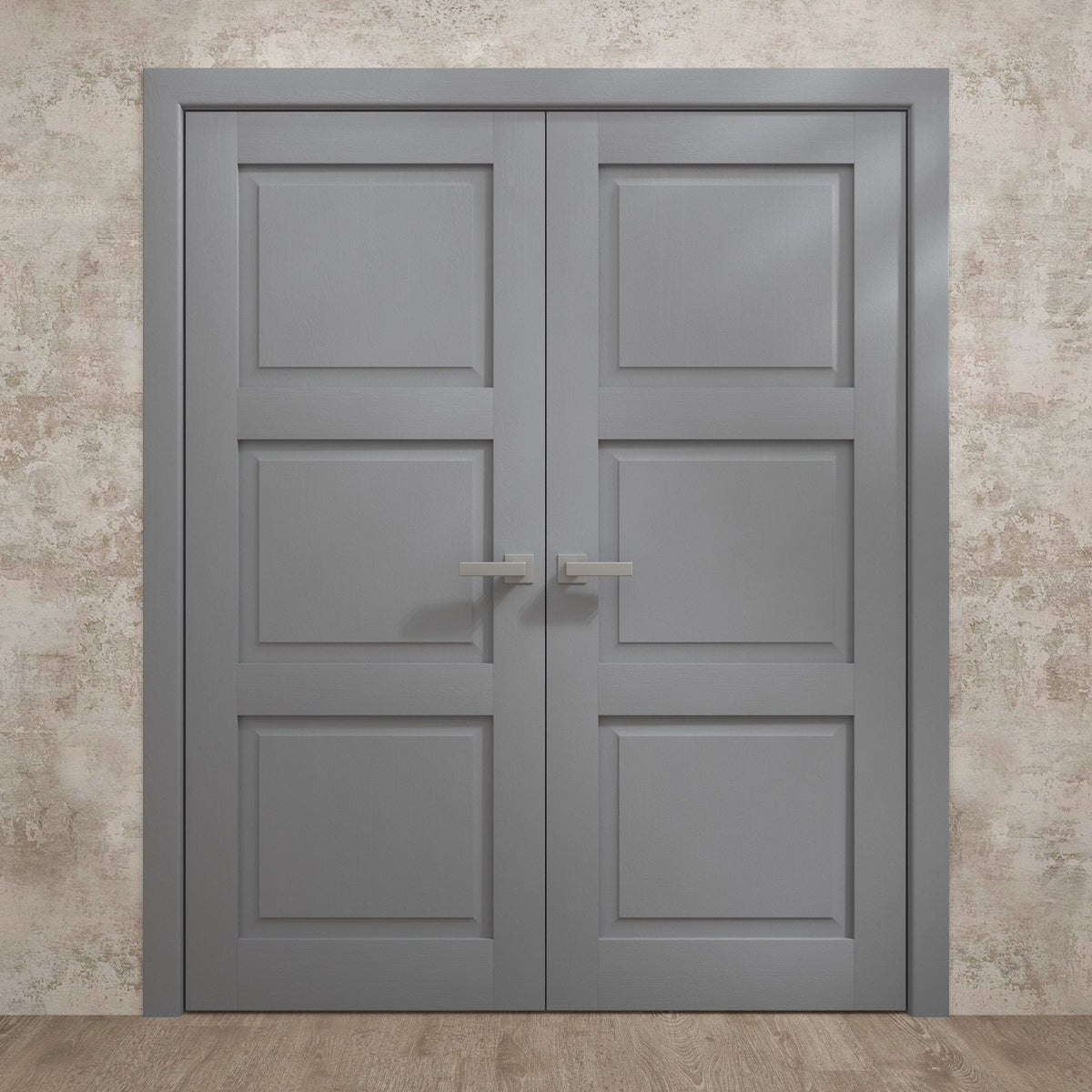 Solid French Double Doors 36 x 80 inches Painted Grey Oak Wood S1421