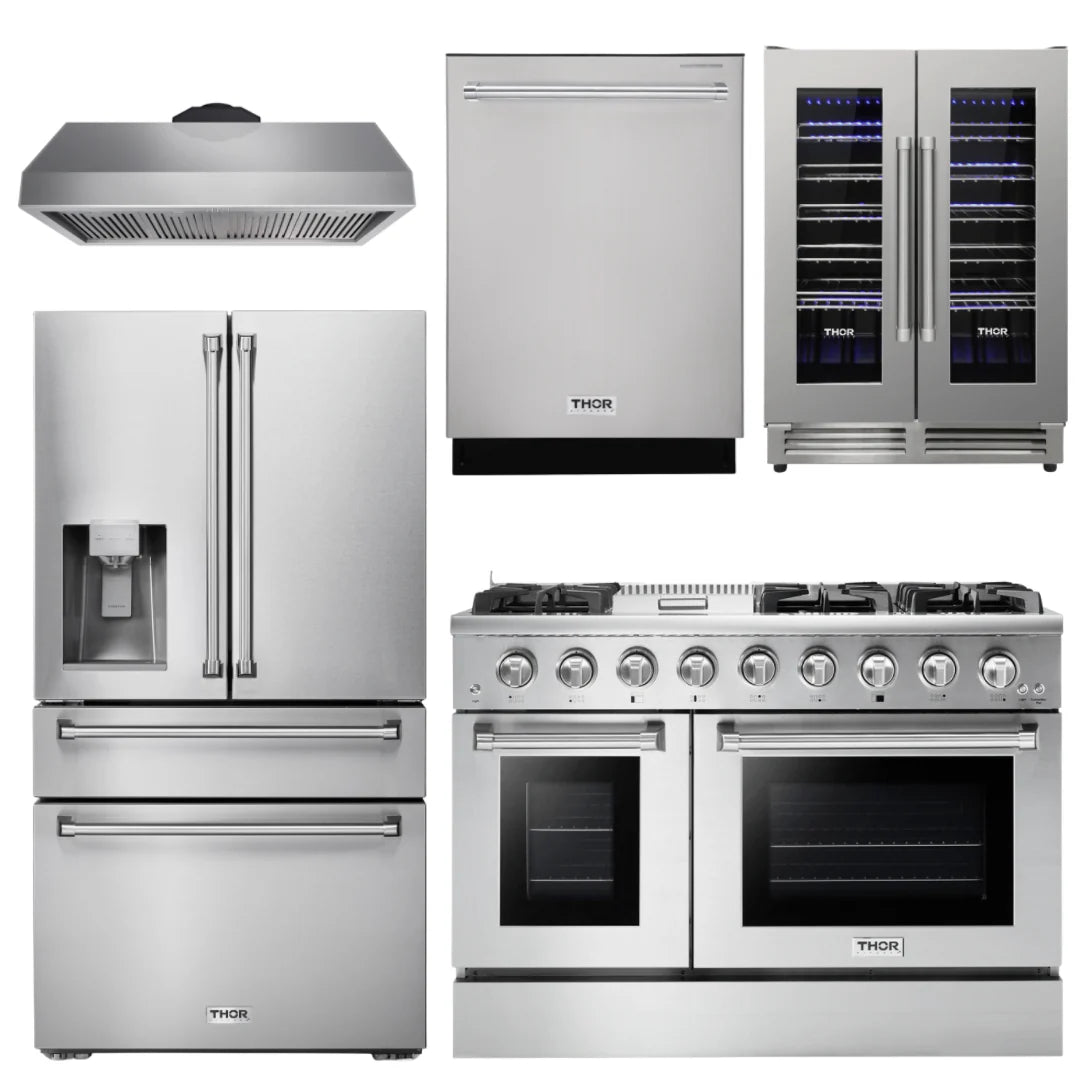 48 Gas Range, Range Hood, Refrigerator with Water and Ice Dispenser, Dishwasher, Wine Cooler W2860