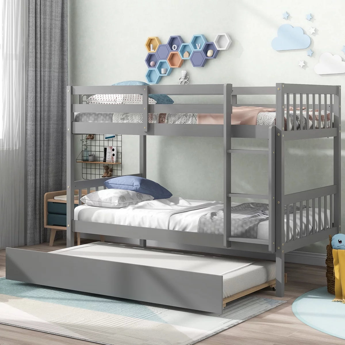 Twin Over Twin Wood Bunk Bed with Ladder and Trundle S37836