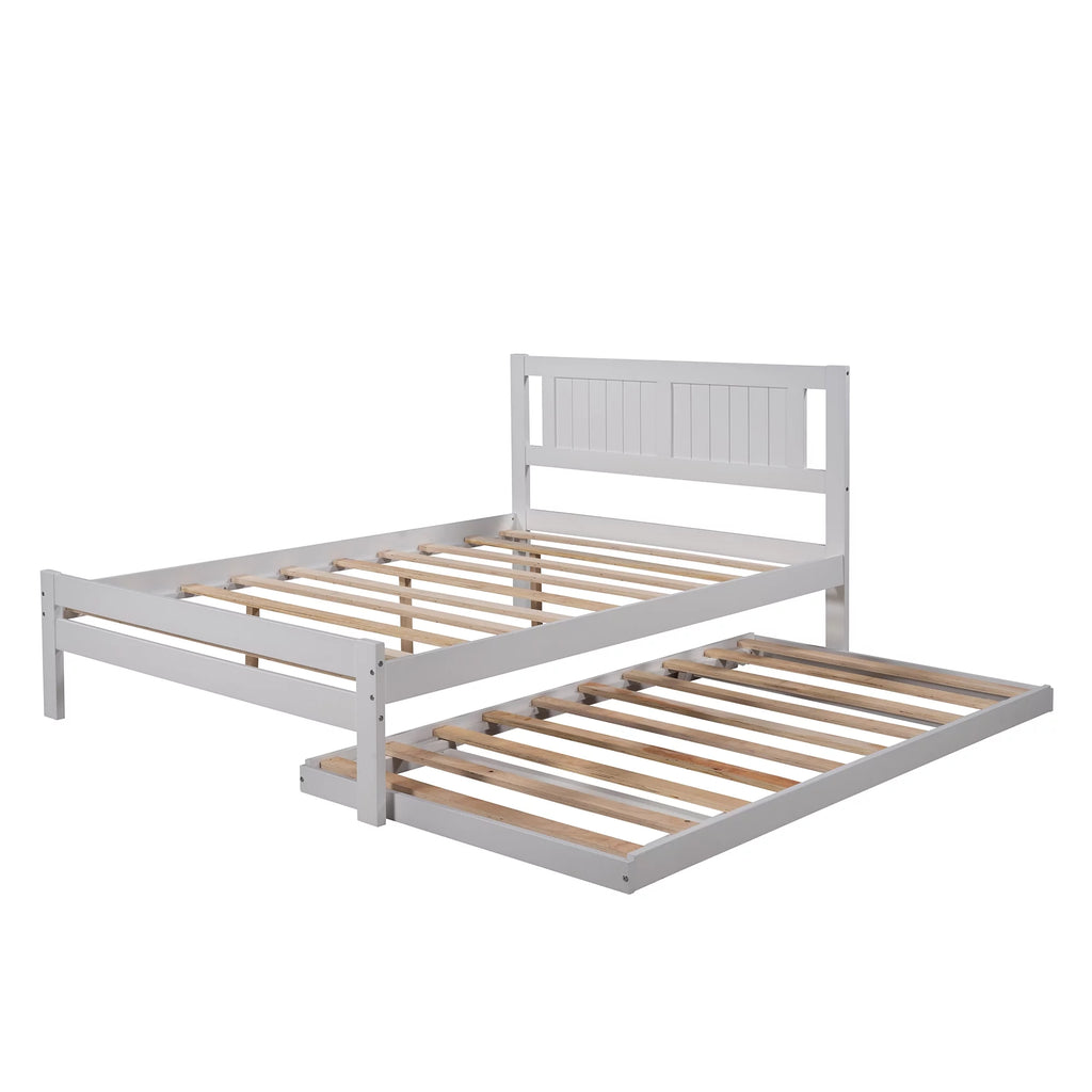 Platform Bed with Adjustable Trundle, Solid Wood, Headboard K652